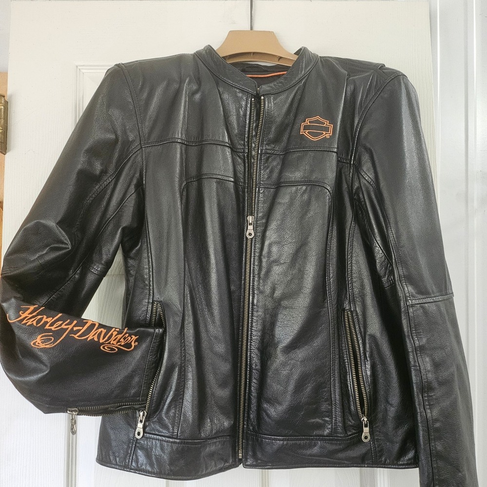 Harley-Davidson Mens Black Leather Motorcycle Jacket Orange Logo HD-379 L